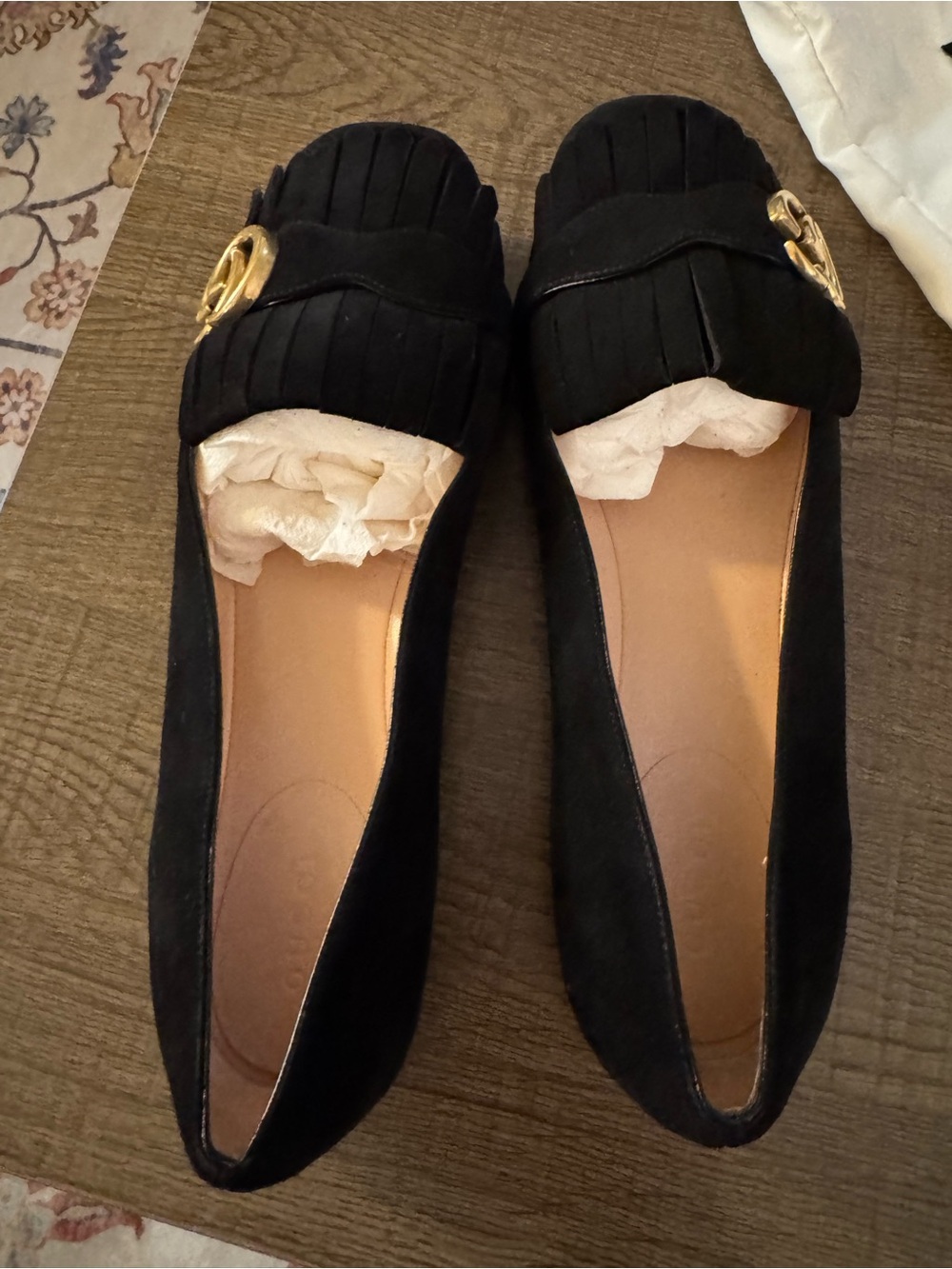 Gucci Black Suede Fringe Loafers with Gold Horsebit